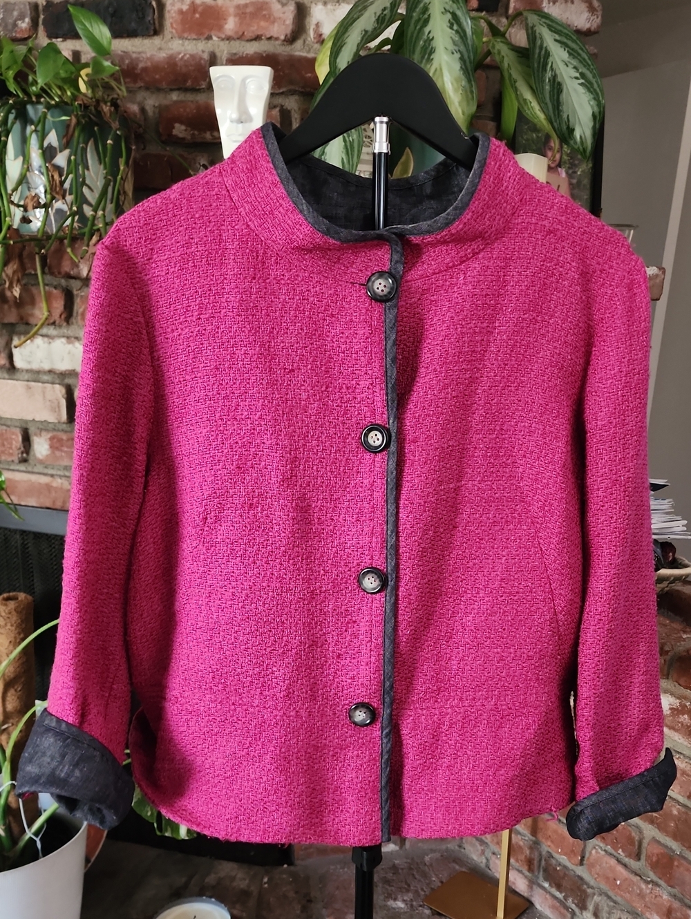 Pendleton Maroon Textured Wool Blend Jacket Black Trim Button Front
